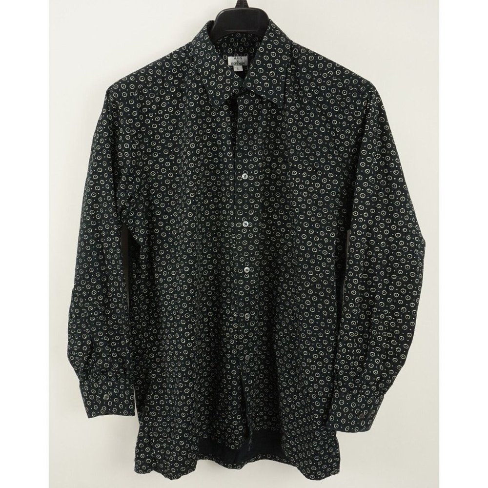 Maus & Hoffman Men's Large Dark Blue Gray Geometric Print Cotton Button Up Shirt